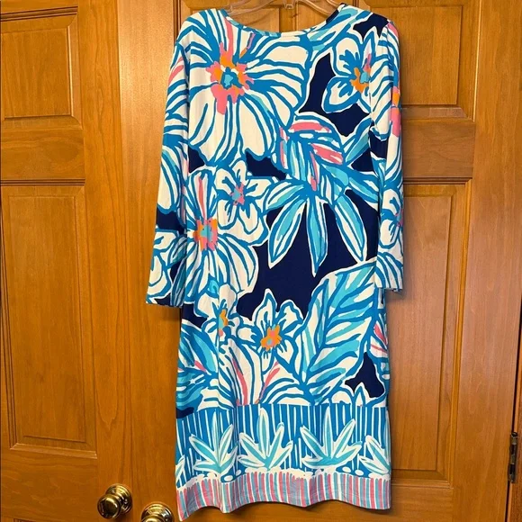 Pink and Blue Resort Sheath Dress with 3/4 Sleeves - Picture 3 of 5